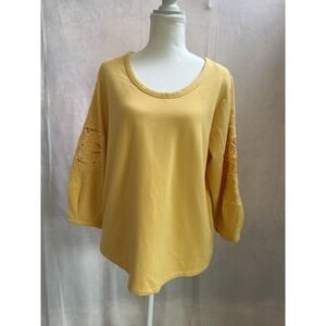 Soft Surroundings Women's Yellow Pullover Top 3/4 Crochet Sleeve Petite Large